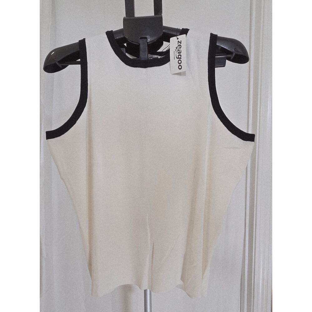 Zeagoo Sweater Tank XXL Sleeveless Knit Top Cream Black Trim Soft Stretch